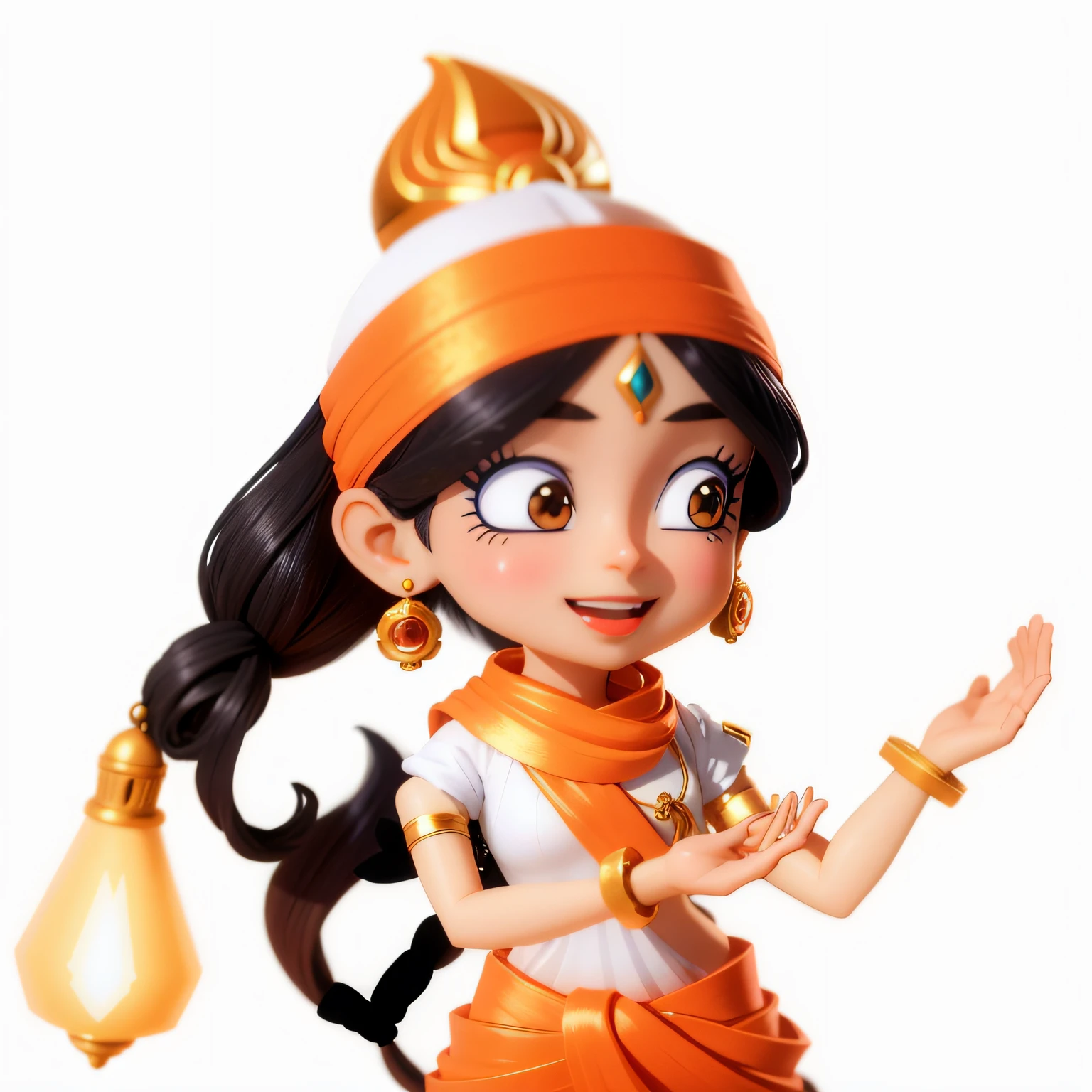 a closeup of a statuette of a woman with a lamp, render de uma menina anime 3d bonito, Maya Ali Feiticeira, animation character, arte oficial do personagem, personagem bonito dos desenhos animados, Arte Oficial, menina genie bonita, Indian Goddess of Wealth, Estatueta de PVC, official character illustration, Hindu god, menina saiyajin, character is in her natural pose, estatueta de brinquedo de vinil