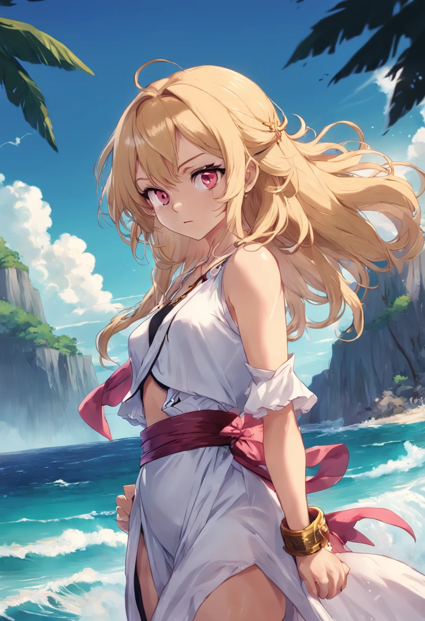 masterpiece, rich colors, Best quality, detailed, high resolution, Hyper quality, high detail, , high quality, detailing, skinny sexy girl on the beach , bright lighting , Brown eyes, Anime, palm trees, bright lighting, blonde,