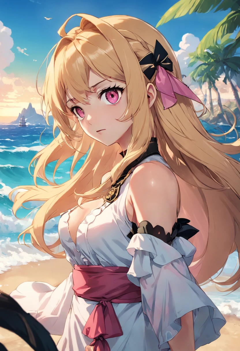 Girl with blond hair, pink eyes, pirate, eiichiro oda artstyle, one piece, wavy honey hair, arabian dress clothes, island girl