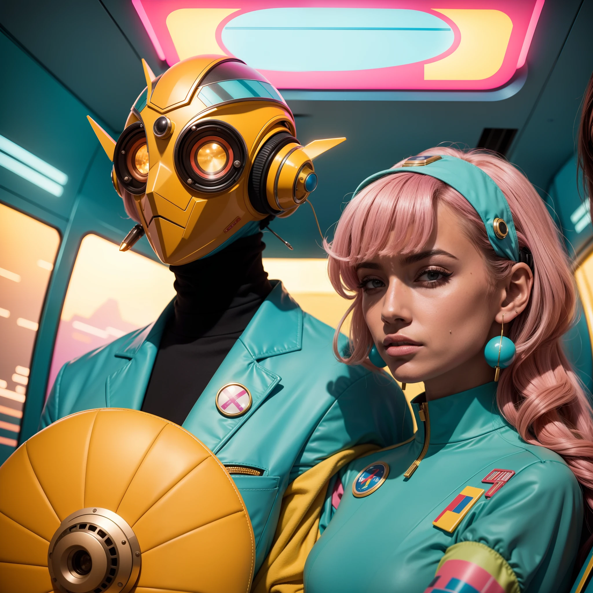 8k image from a 1970s science fiction film, imagem real, Estilo Wes Anderson, pastels colors, a man between two women wearing retro-futuristic fashion clothes and futuristic technological ornaments and devices, Luz Natural, cinemactic, Psicodelia, futurista estranho, retro-futurista, Foto premiada, intrincado, Sharp details,