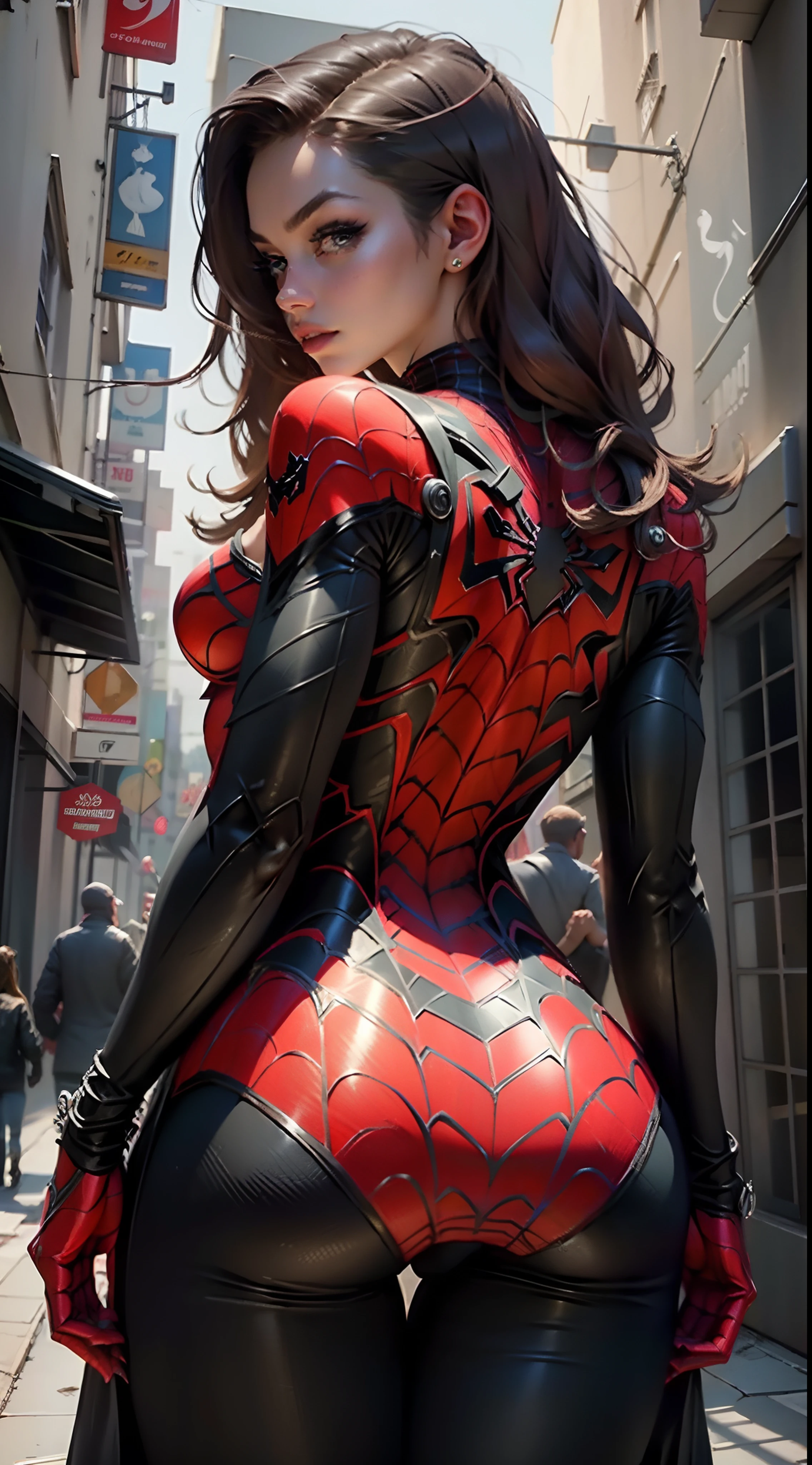 posing from behind Beautiful woman detailed Spider-Man's cosplay-outlined body, senos muy grandes