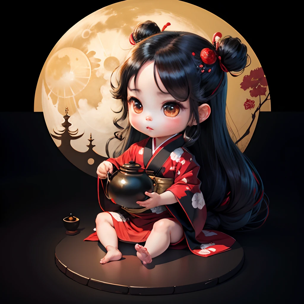 Cute baby chibi anime, black and red kimono, sit in the teapot thank you note, moon, long black hair