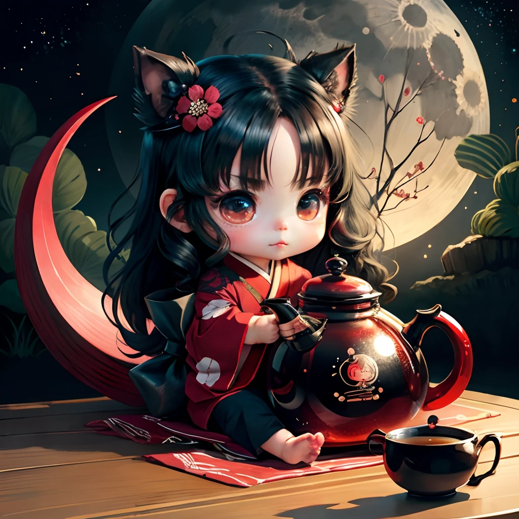 Cute  chibi anime, black and red kimono, sit in the teapot thank you note, moon, long black hair