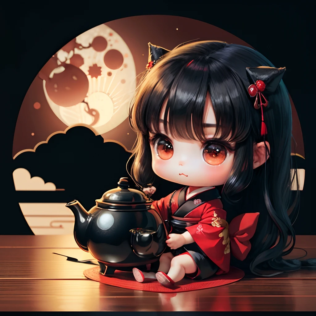 Cute  chibi anime, brown skinned, black and red kimono, sit in the teapot thank you note, moon, long black hair