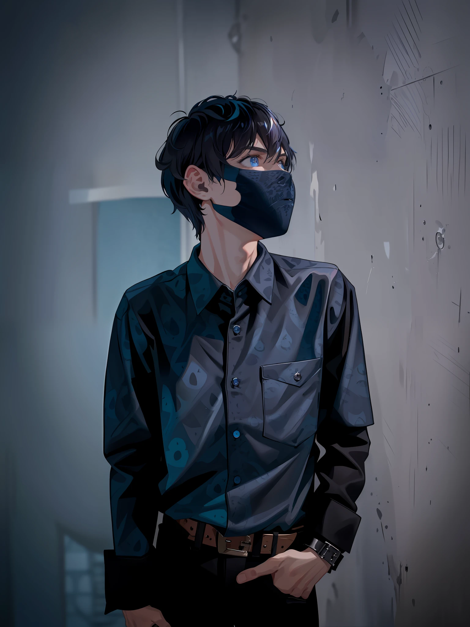 masterpiece, best quality, high quality, 1boy, solo, male focus, looking at viewer, cold light, (prison garb:1.2), (happy:1.1), (blue_eyes:1.2), (Zaffre eyes color:1.1), (mullet:1.2), (black short hair:1.2), (monster pattern clothes:1.5), (prison:1.2)
