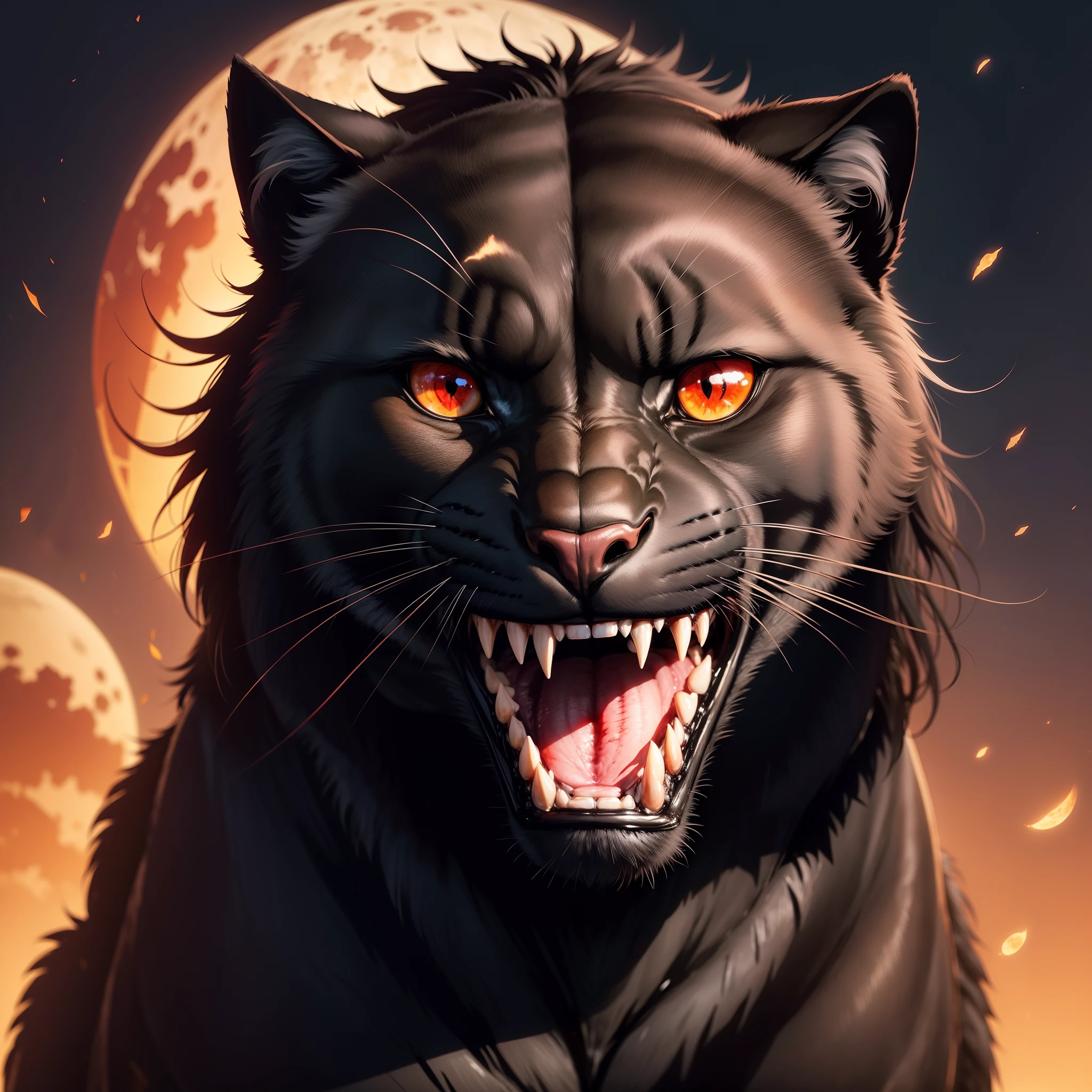 Black Majestic Panther ,With a grin of teeth in the background, a full blood-red moon
