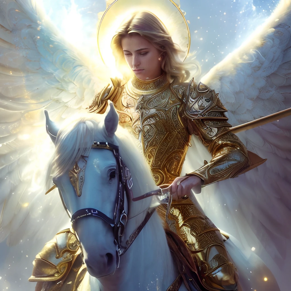 (((Saint Michael the Archangel on a horse. 19 years old))) ((( Con una cara seria y piadosa. Con una mirada dulce y tierna))) (obra maestra, calidad superior, mejor calidad, arte oficial, beautiful and aesthetic: 1.2), (1girl), extremadamente detallado, (Arte fractal: 1.3), colorido, highest detailed, Cara perfecta, parte superior del cuerpo, HDR, (orando: 1.3), (golden lines of white coat: 1.2), galaxia, (rayas de luz), eye-catching visuals, (dynamic stripes, senderos luminosos: 1.2), colores vibrantes,