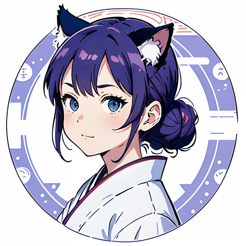 ghibli style, Miyazaki Hayao, 1loli, aqua blue eyes, purple hair, cat ears, wearing beautiful sakura pattern kimono, roguish smirk, (all white background), in circle, (centered), looking at viewer, shirt, hairbun hair, simple background, solo, upper body, cute loli, portrait, vector, logo brand, design,