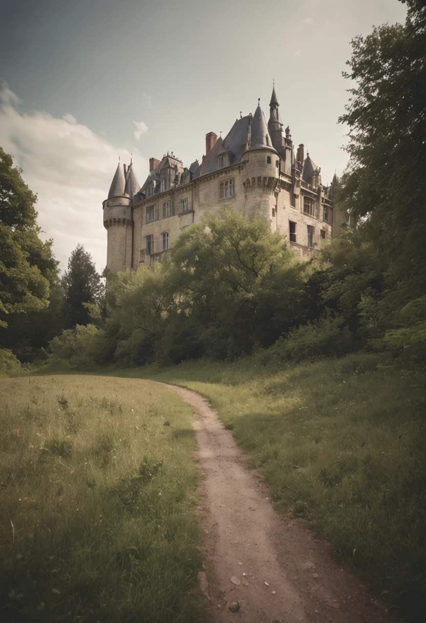 castle, Faits saillants naturels, couleurs vives, Realistic wide angle, Environnement mystique, realistic textures, realistic shading, centered, inked lines and watercolor, UHD, photo, 8k resolution, Sombre, action dynamique, pale faded style, camera Holga, retrô, Nostalgic dreamer, flou, Vignettage, light leaks, Medium photography, Dark artistic pictorial ethereal, fantasque, beaucoup de nuages de couleur