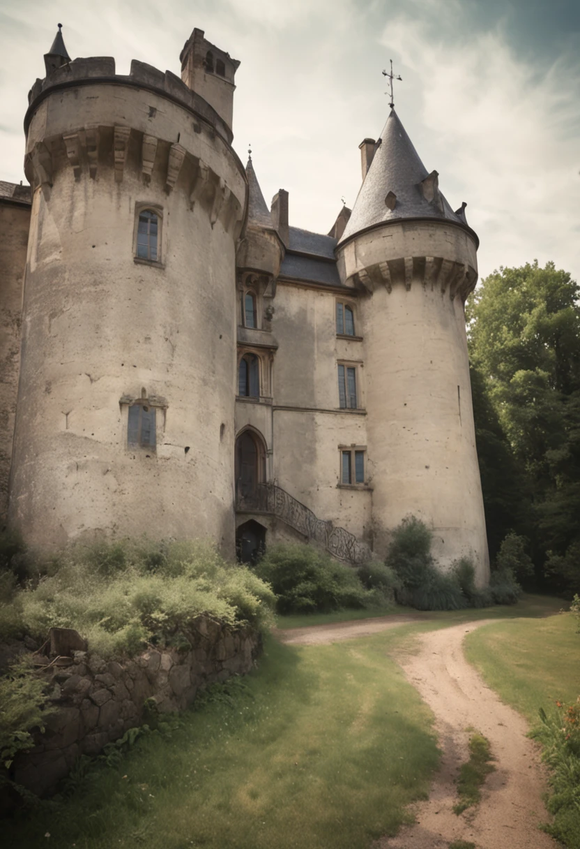 castle, Faits saillants naturels, couleurs vives, Realistic wide angle, Environnement mystique, realistic textures, realistic shading, centered, inked lines and watercolor, UHD, photo, 8k resolution, Sombre, action dynamique, pale faded style, camera Holga, retrô, Nostalgic dreamer, flou, Vignettage, light leaks, Medium photography, Dark artistic pictorial ethereal, fantasque, beaucoup de nuages de couleur