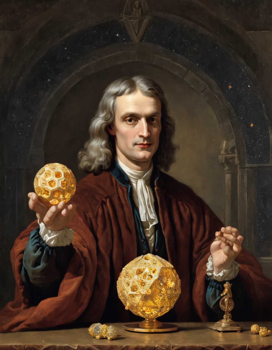 Pintura de Isaac Newton como um ((feiticeiro)), ((roupas de mago)), Geometria sagrada, floating Platonic solids, Sol, geometria flutuante, hemerismo, Sun symbol, hermetic, Hermetic symbols, (master part), (melhor qualidade), ((vista frontal)), arte Boris Vallejo, Syd Mead.
