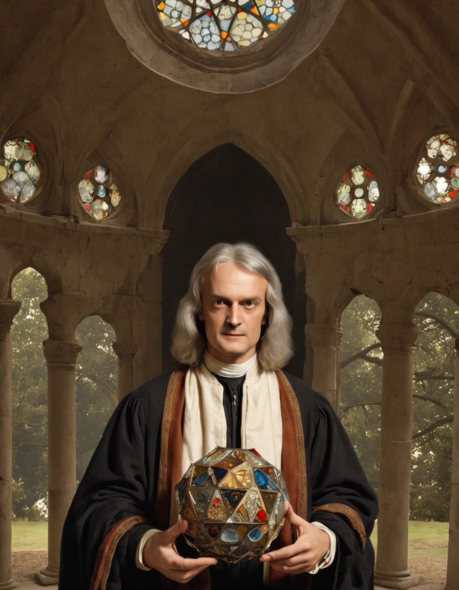 Pintura de Isaac Newton como um ((feiticeiro)), ((roupas de mago)), Geometria sagrada, floating Platonic solids, Sol, geometria flutuante, hemerismo, Sun symbol, hermetic, Hermetic symbols, (master part), (melhor qualidade), ((vista frontal)), arte Boris Vallejo, Syd Mead.