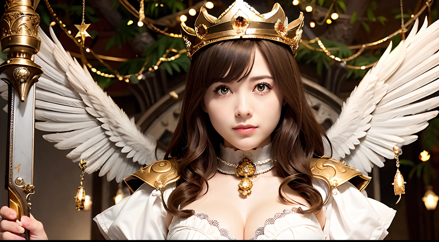 (masutepiece), Professional , ​masterpiece、top-quality、photos realistic , depth of fields 、（Wind element），tornado，Lightning，（Gemstone Silver Metal Body:1.９),(Matte White、(Gangle's forest background),（Brown hair long straight）、（（Jewel Gold Weapon））、（Castle background),Gorgeous metal weapons,(Detailed and realistic angel white wings) , Detailed Sword of the Brave , Beautiful knife 、delicated face、20 years girl  ,warhammer 40k , adepta sororitas,Detail and ornate jewel crown、a blond、()、Beautiful Caucasian beauty、１a person、dynamic ungle,(((Detailed and ornate diamond crown)))、Smaller head、A smile、Powerful poses、Beautiful thin fingers of a woman、cleavage of the breast、