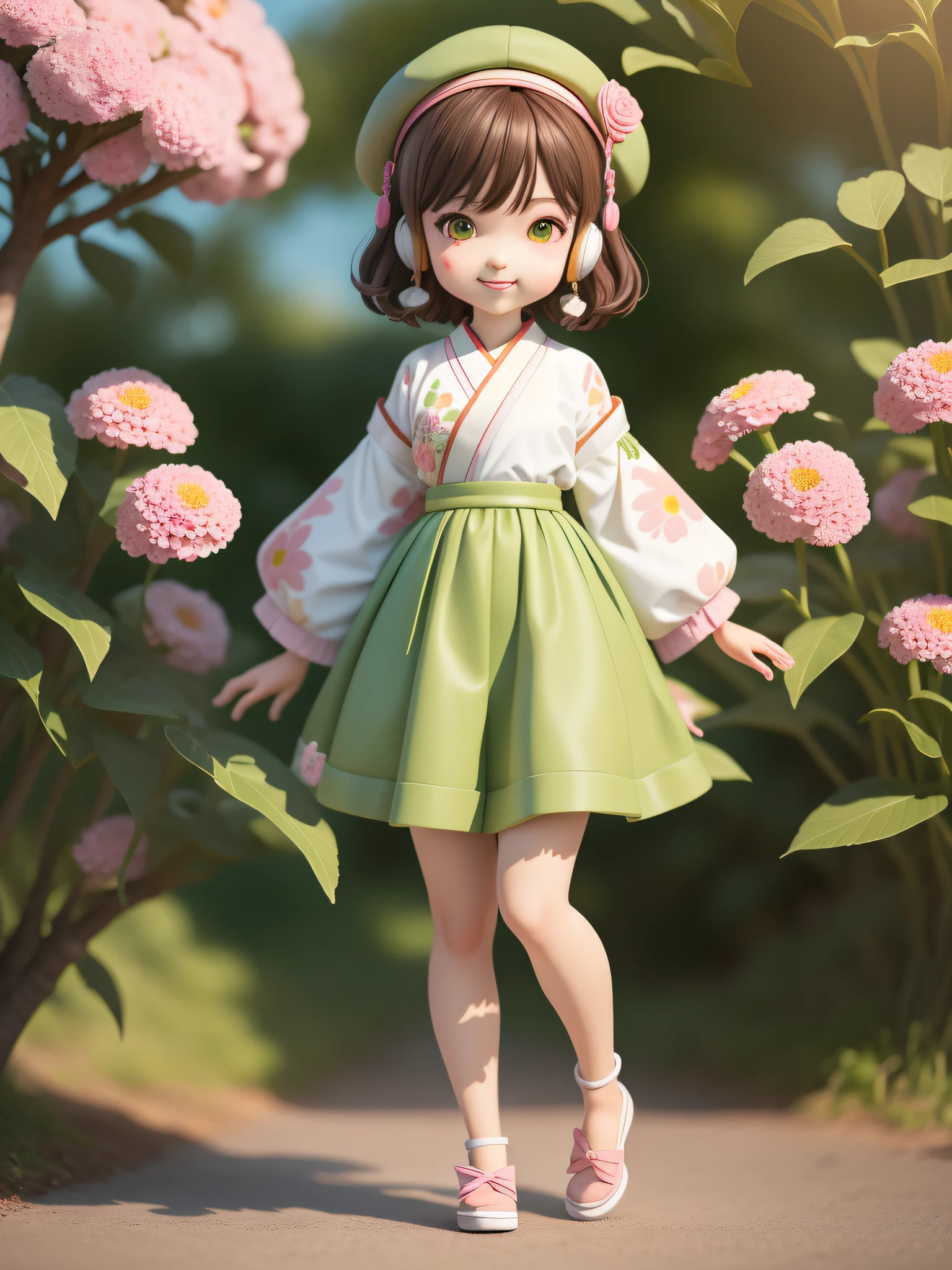 (Daisaku),(tmasterpiece),(Super meticulous),(Full body photo:1.1),The whole body must be exposed to see the legs and feet，shoe.Kizi,tchibi,adolable,ssmile,Open-mouthed,florals,exteriors,KARATE，Hold nothing in your hands.beret,Manteau,Blushlush,The tree,:3,The shirt,short detailed hair,SakuraNS,green headwear,Blurred,A brown-haired,Blush stickers,longer sleeves,By bangs,Earphone,brunette color hair,pinkflower,(beautiful  detailed face),(美丽细致的眼睛),