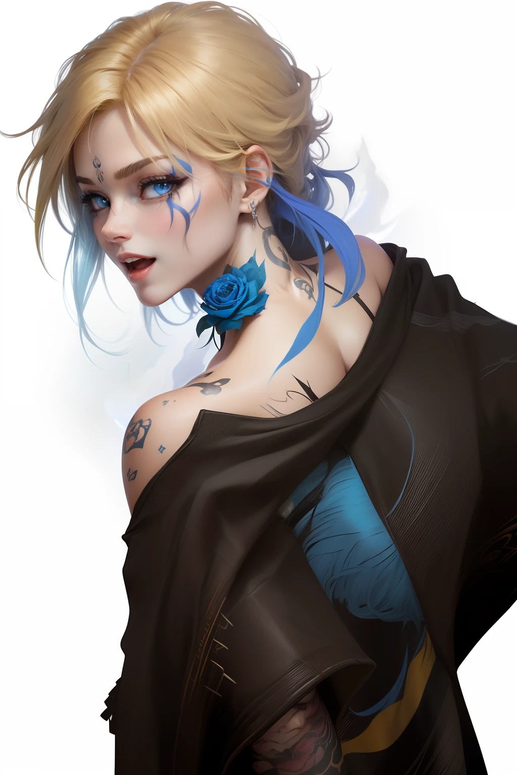 (retouch light on face with man anime style 2d), (retouch jacket with 2d style), (retouch shading hair with yellow color on the top and blue at the down) (water on top with a fire) (dark vibes) (blue eyes) (red eyelash ) (blue rose tattoos in side left neck) (with laughing expression )