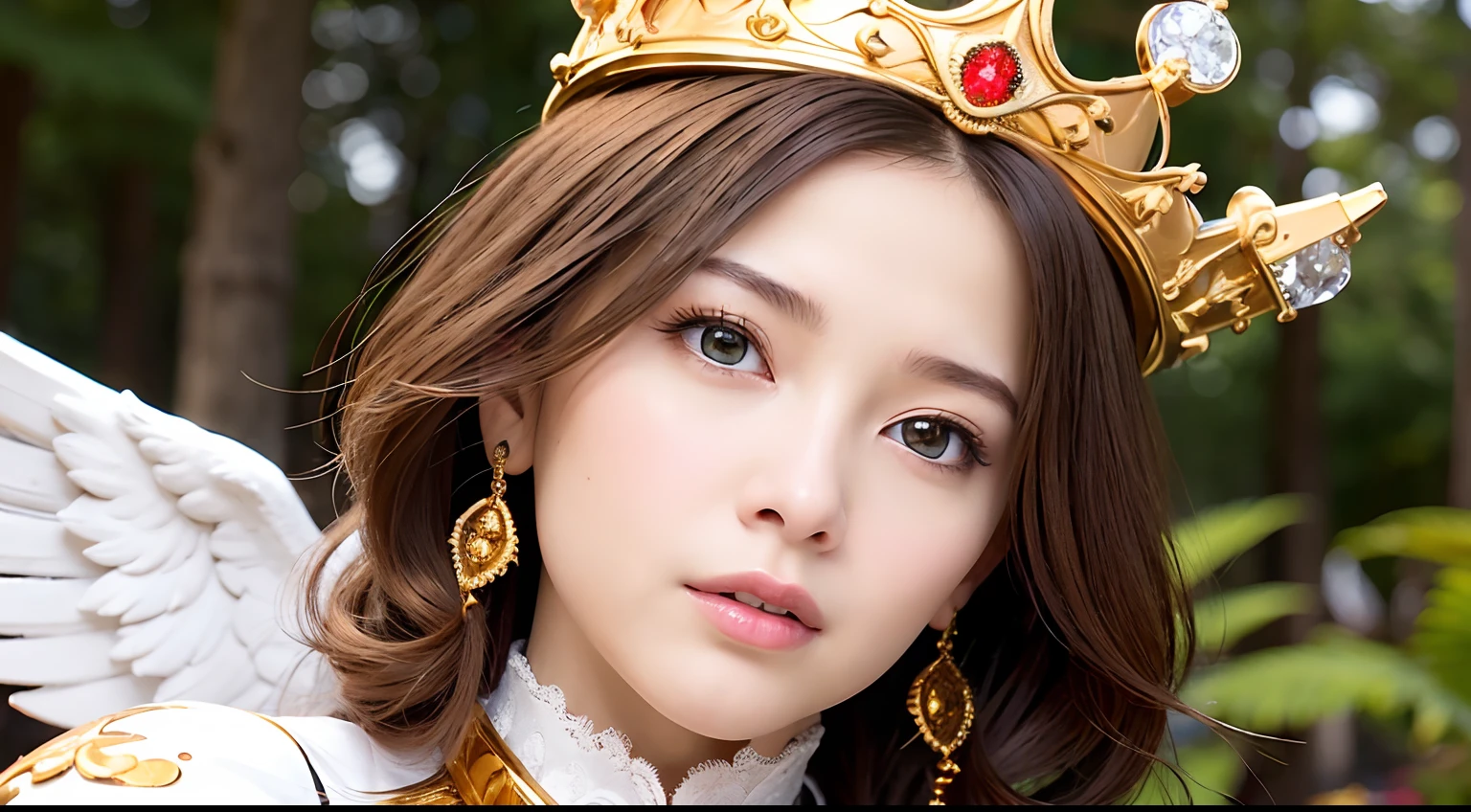 (masutepiece), Professional , masterpiece、top-quality、photos realistic , depth of fields 、(Wind element),tornado,Lightning,(Gemstone Silver Metal Body:1.9),(Matte White、(Gangle's forest background),(Brown hair long straight)、((Jewel Gold Weapon))、(Castle background),Gorgeous metal weapons,(Detailed and realistic angel white wings) , Detailed Sword of the Brave , Beautiful knife 、delicated face、20 years girl ,warhammer 40k , adepta sororitas,Detail and ornate jewel crown、a blond、()、Beautiful Caucasian beauty、1a person、dynamic ungle,(((Detailed and ornate diamond crown)))、Smaller head、A smile、Powerful poses、Beautiful thin fingers of a woman、cleavage of the breast、