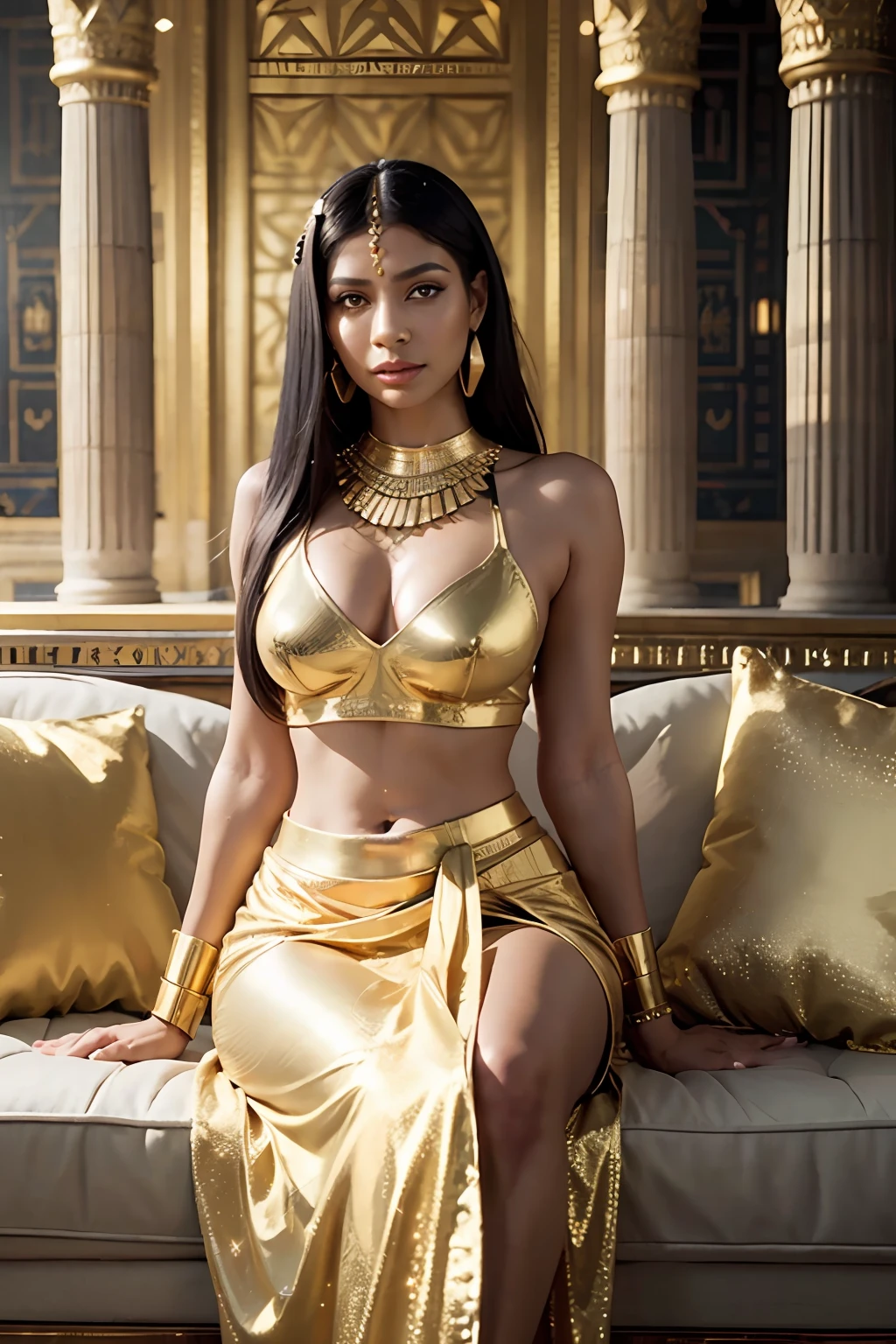 cleopatra, egyptian queen, pea green eyes, glowing eyes, resting on a cushion, golden dress, glowing dress, egyptian palace, golden ornaments, look of pride, lower point of view, lens flares, raytracing reflexes, iridiscente reflexes, glossy diamond earrings, navel, golden saron skirt