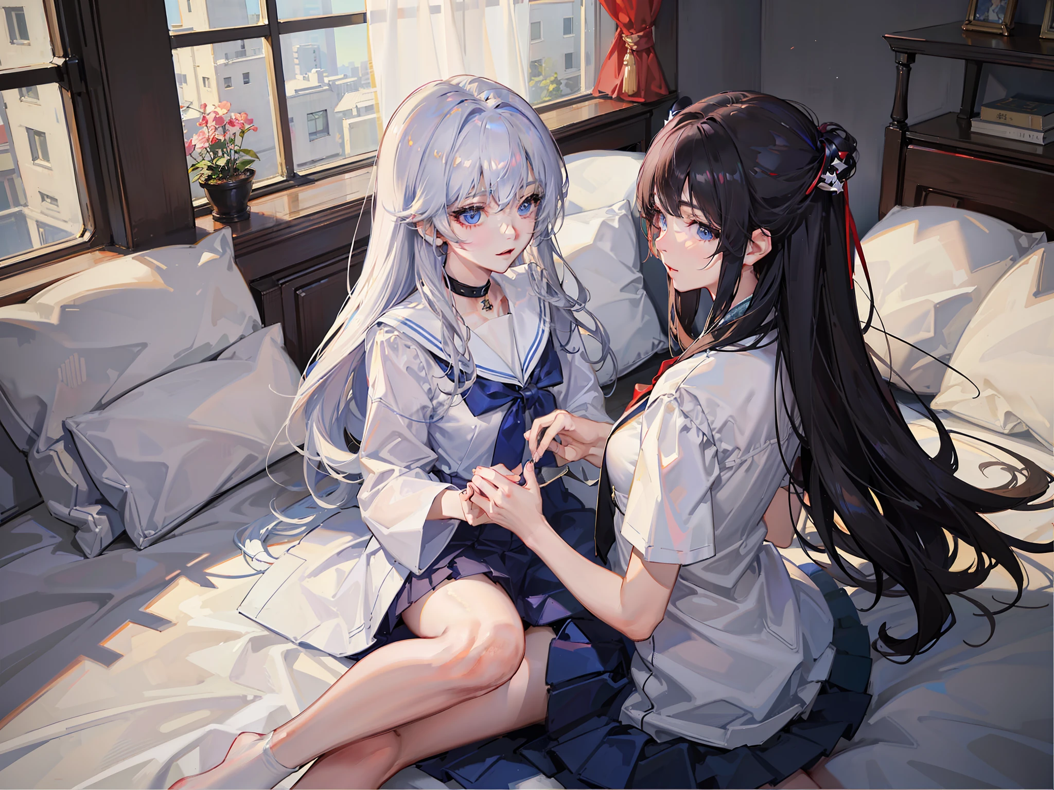 微红的眼眶，((top-quality、8K、Manhwa Style:1.4、tmasterpiece，Double，2P，onbed，Pubic hair shows through，full bodyesbian，))、back Lighting、Superskirt、JK school uniform、Beautiful Japanese woman、18yr old、white stockings、with short white hair、Ultra-delicate skin、Beautiful production