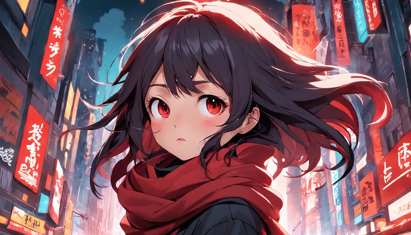 a poster of a cute girl with a red scarf, good hands, ultra realistic details, arcane art style, inspired by NEVERCREW, hypervivid intense mcbess, inspired by Tim Biskup, digital illustration, by Justin Gerard,
