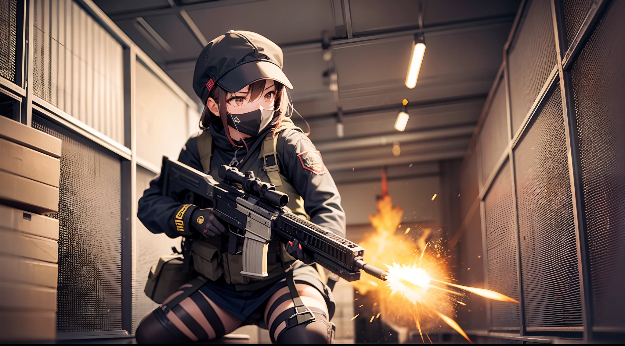 battle girl, aiming, muzzle flash, assault rifle, in warehouse, cinematic action, high quality, hyper detail