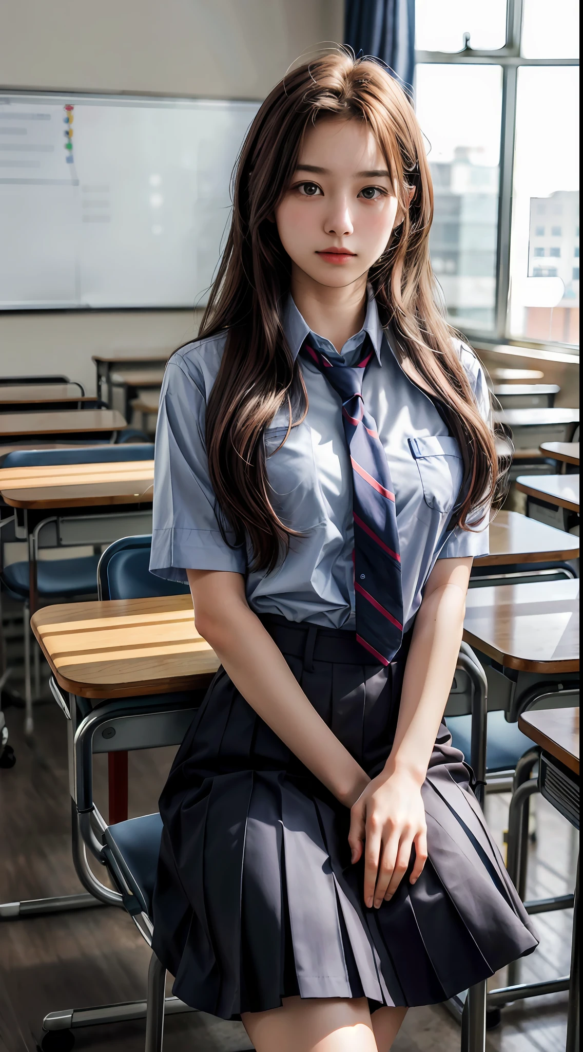 (1girl), solo, long_hair, wearing(student-uniform, neckties, shirtsleeves), photo(medium-shot), portrait, pov, blurry_background, Background(classroom, chair, table), (8k, photorealistic, absurdres, best_quality:1.55),