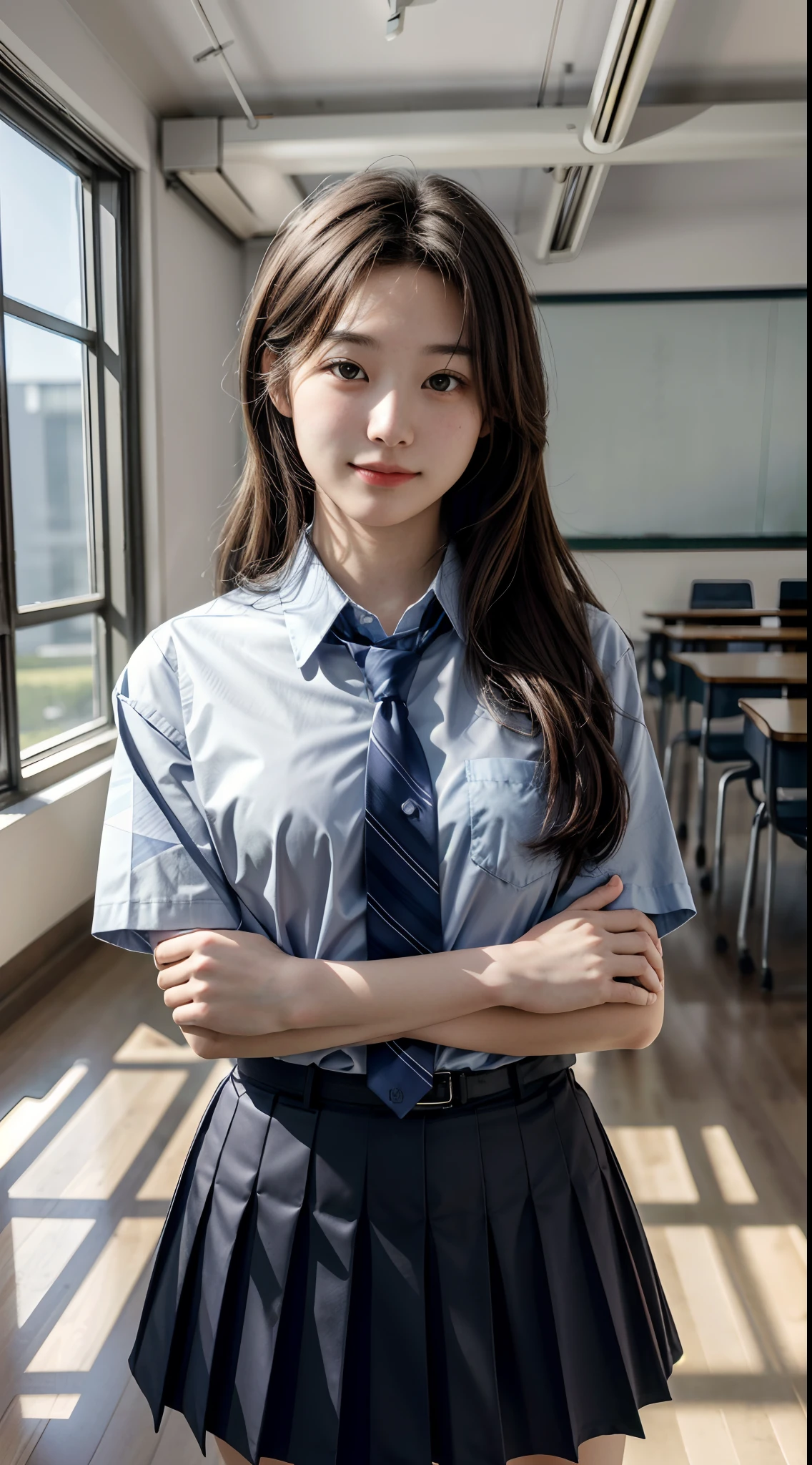 (1girl), solo, long_hair, wearing(student-uniform, neckties, shirtsleeves), photo(medium-shot), portrait, pov, blurry_background, Background(classroom, chair, table), (8k, photorealistic, absurdres, best_quality:1.55),