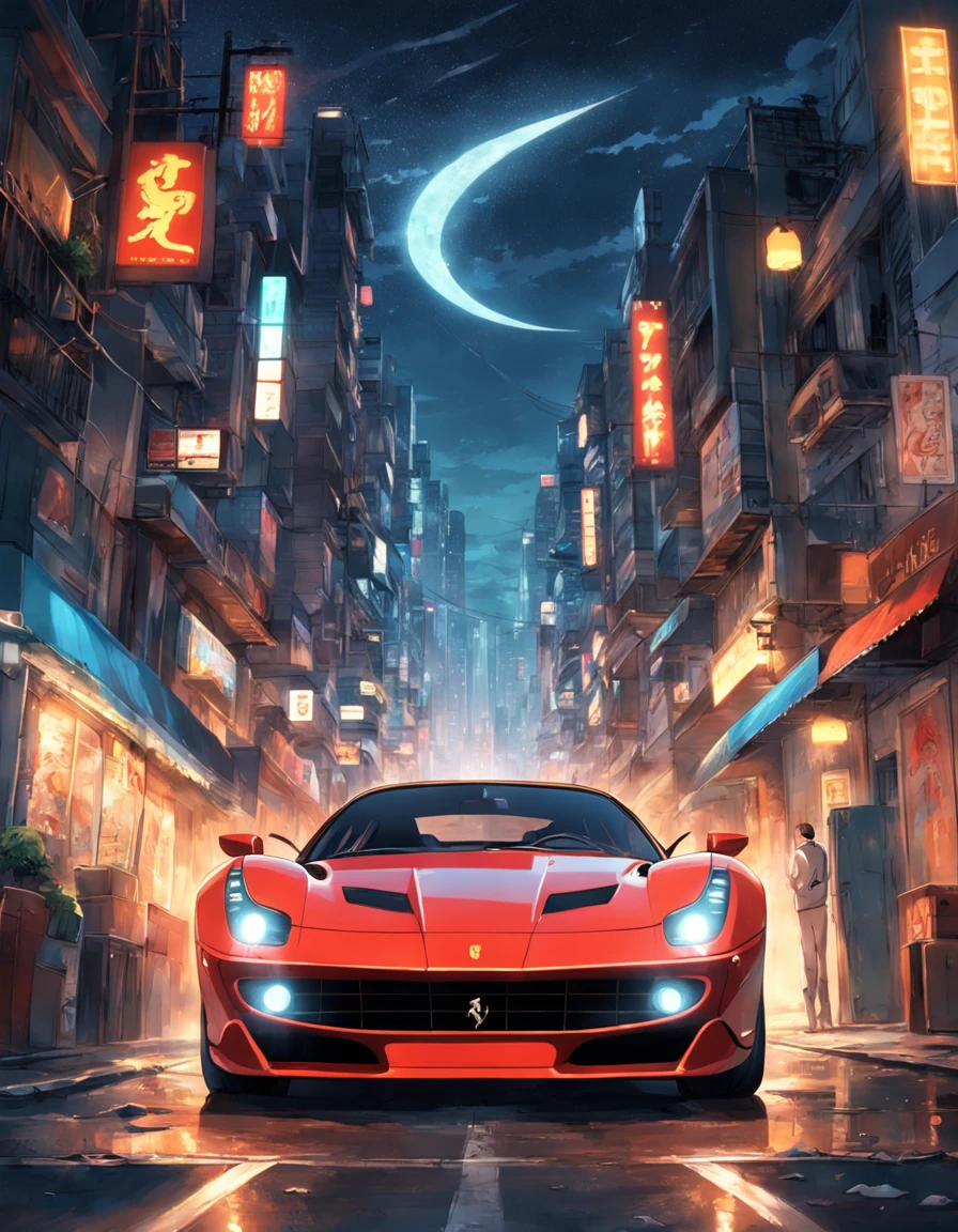 um logo de carro ferrari anos 80 em uma cidade a noite, lua cheia iluminada ::n_style drawing, Low quality imperfection, doll, game, anime, texto, assinatura