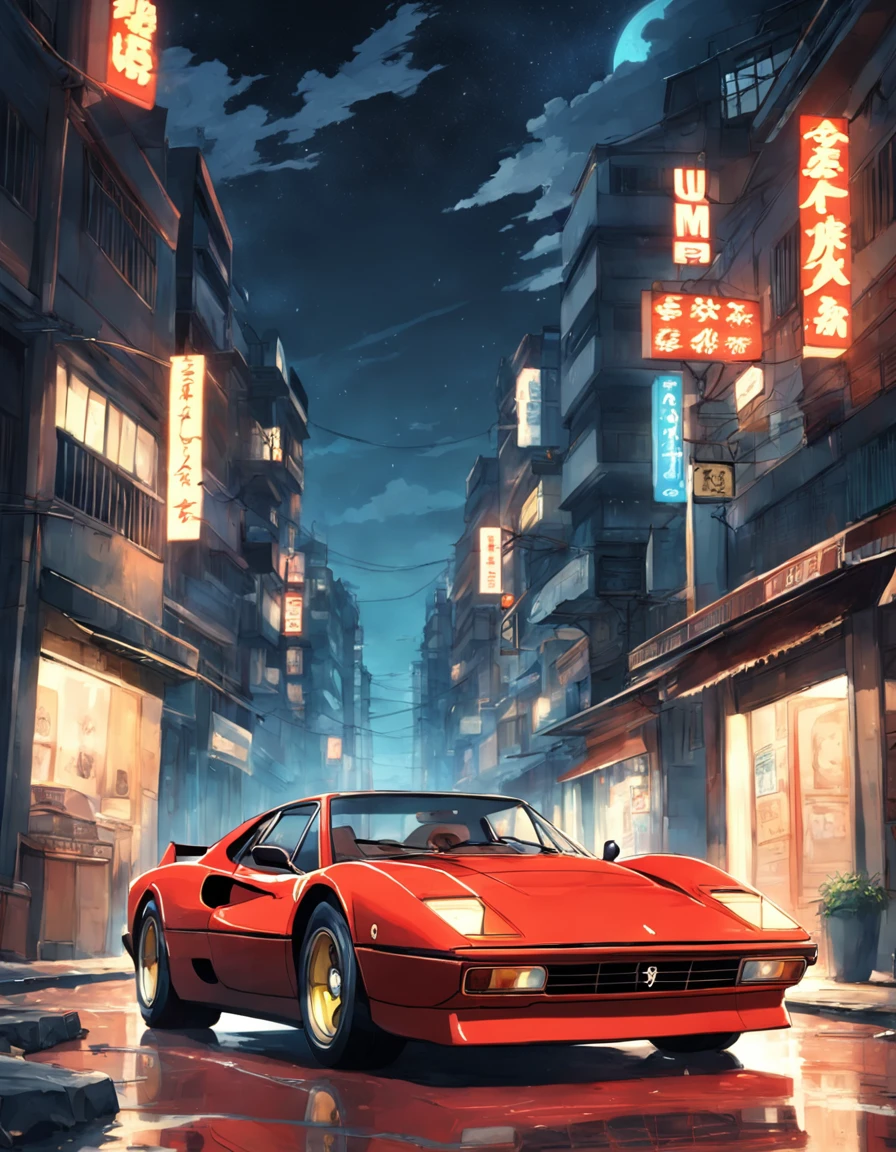 um logo de carro ferrari anos 80 em uma cidade a noite, lua cheia iluminada ::n_style drawing, Low quality imperfection, doll, game, anime, texto, assinatura