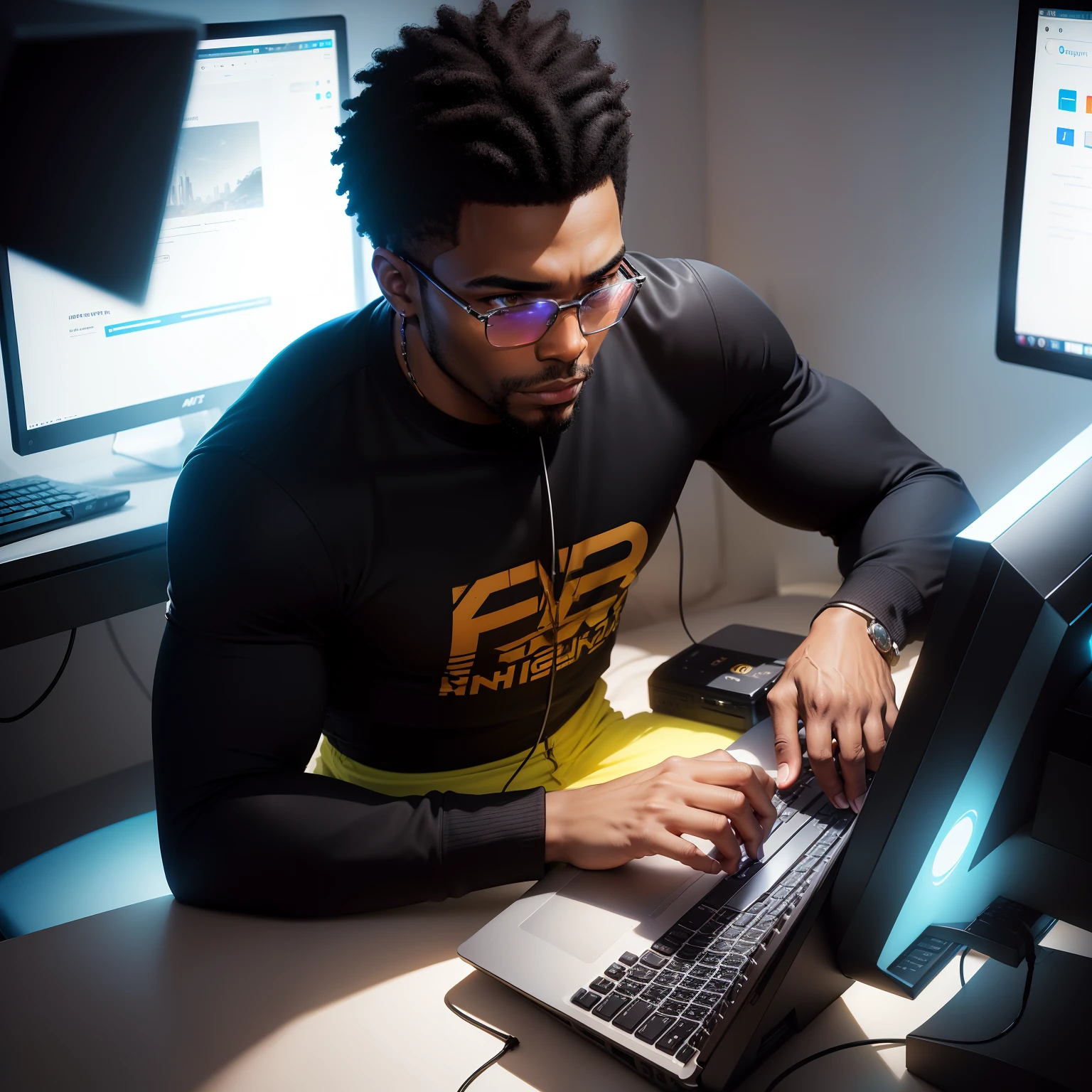 ((brightly lit:1.2, high contrast, vibrant colors) + (black man, African American, handsome, casual attire) + (pc, computer, technology, modern, sleek design))