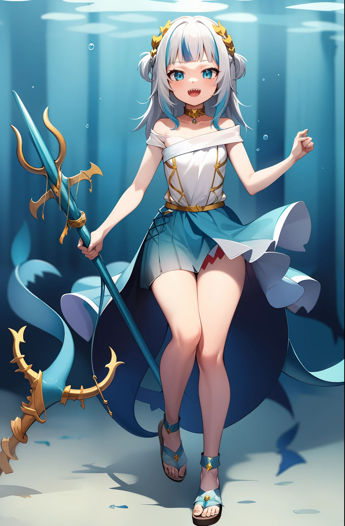 2d, masterpiece, best quality, anime, highly detailed, full body, 1girl, solo, gura_atlantis, gradient dress, laurel crown, sandals, :d, sharp teeth, trident, shark tail, underwater city