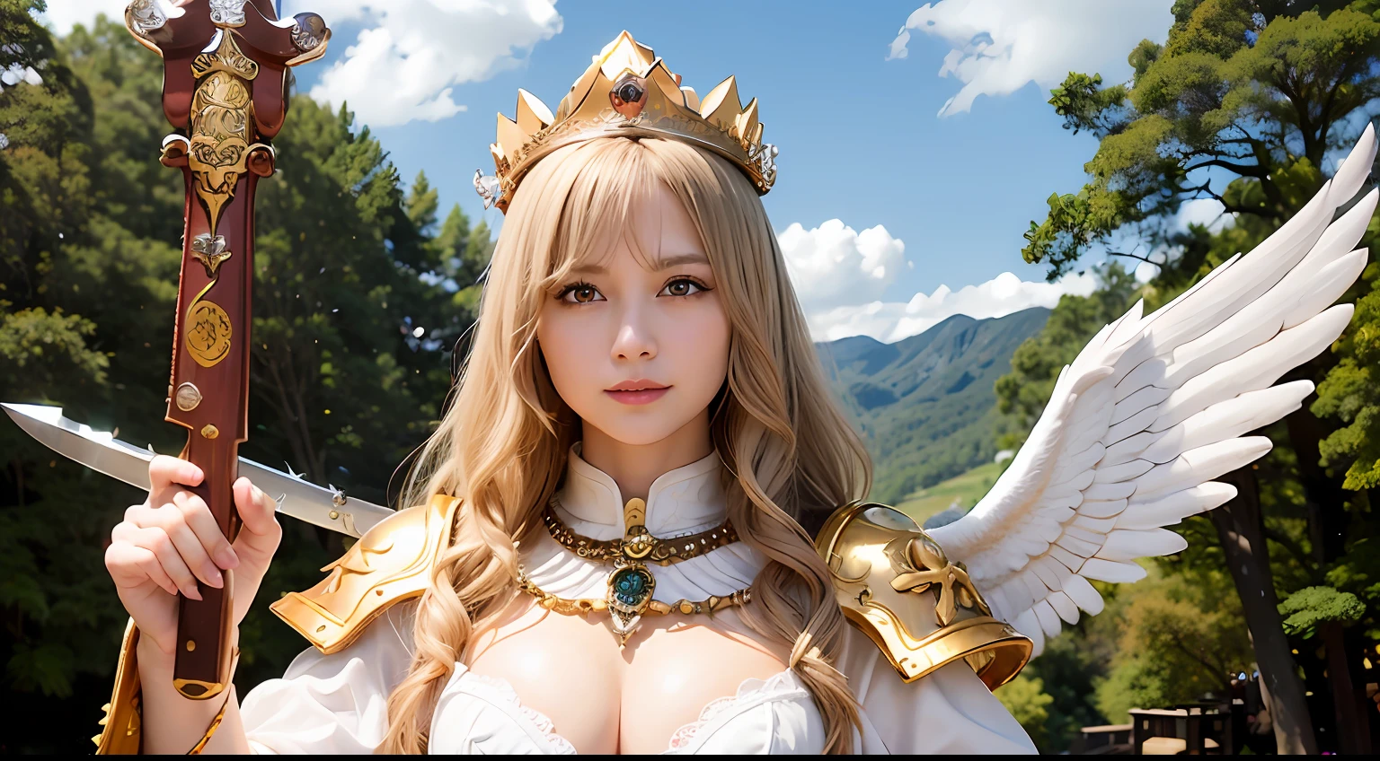 (masutepiece), Professional , ​masterpiece、top-quality、photos realistic , depth of fields 、（Wind element），tornado，Lightning，（Gemstone Silver Metal Body:1.９),(Matte White、(Gangle's forest background),（Brown hair long straight）、（（Jewel Gold Weapon））、（Castle background),Gorgeous metal weapons,(Detailed and realistic angel white wings) , Detailed Sword of the Brave , Beautiful knife 、delicated face、20 years girl  ,warhammer 40k , adepta sororitas,Detail and ornate jewel crown、a blond、()、Beautiful Caucasian beauty、１a person、dynamic ungle,(((Detailed and ornate diamond crown)))、Smaller head、A smile、Powerful poses、Beautiful thin fingers of a woman、cleavage of the breast、