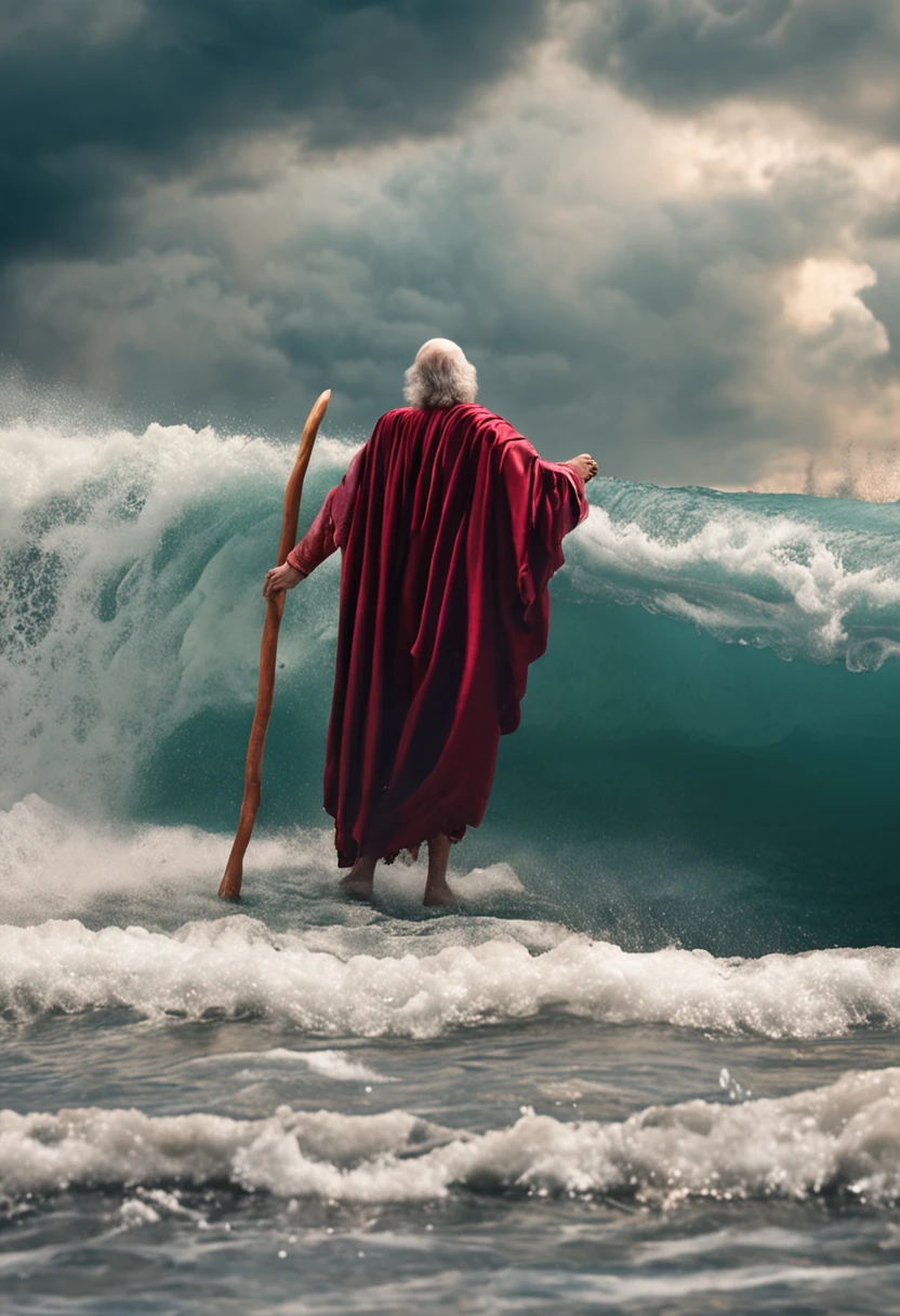 A ultra realistic photo of Moses openning the red sea.