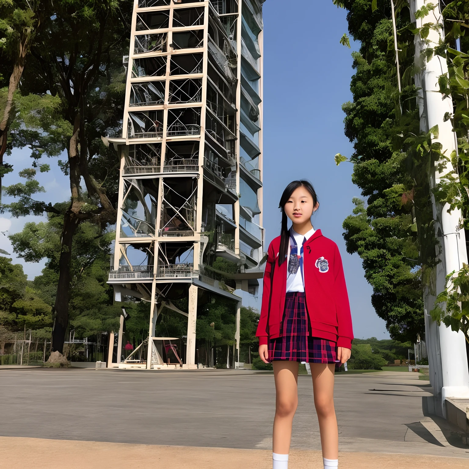 A beautiful gray-haired female junior high school student wears JK，Eyes dropped， Standing alone at the top of the tower，Barefoot，Bring your legs together，arms stretched wide