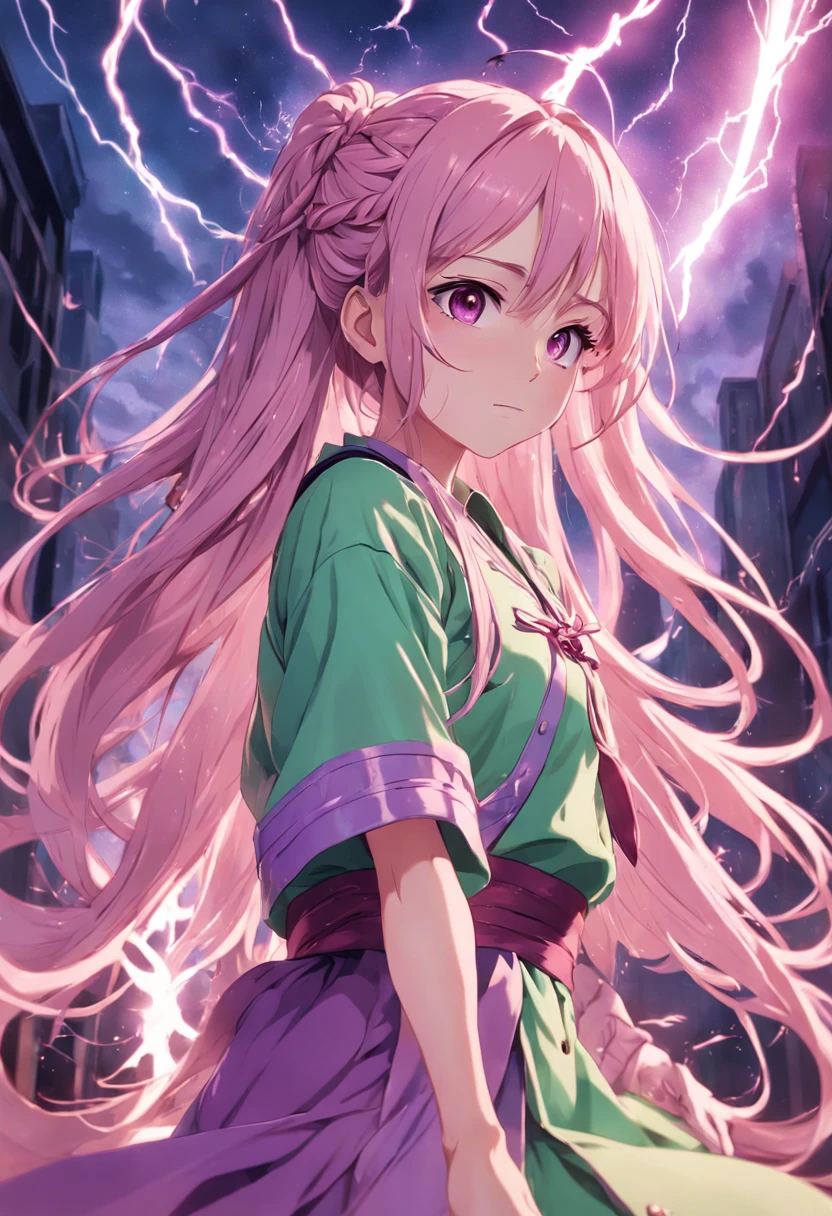 A girl with pale green, long hair tied into loose braid, wearing pink, purple clothes. She's using lightning magic. Singer, happy