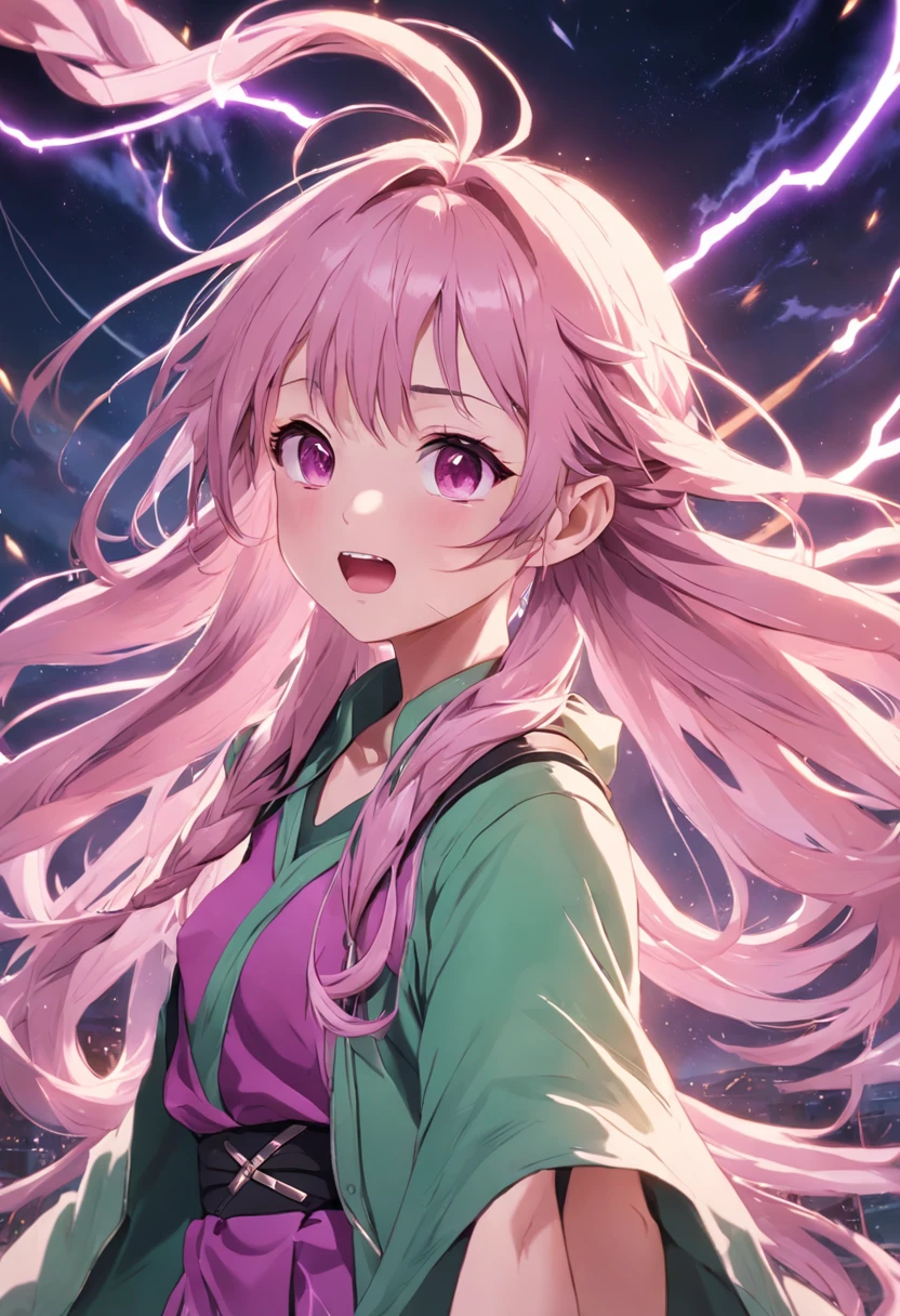 A girl with pale green, long hair tied into loose braid, wearing pink, purple clothes. She's using lightning magic. Singer, happy