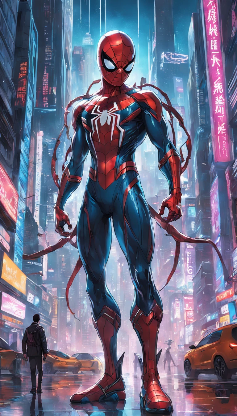 Get ready to witness the merging of the worlds of Spider-Man and Cyberpunk in one breathtaking image. Nesta obra-prima visual em 8K, You will be transported to a futuristic and dystopian environment, where the iconic Marvel hero gets a new look.

O Homem-Aranha surge em uma paisagem urbana imponente, dominated by gigantic skyscrapers and holographic advertisements that shine brightly. The neon lights reflect off his cybernetic armor, creating a striking contrast between the hero's characteristic red and blue and the oppressive darkness of the environment.

Seu traje, remodelado para se adequar ao estilo Cyberpunk, features metallic details and futuristic lines, combining functionality and futuristic aesthetics. The advanced fabric, adornado com circuitos luminosos, it seems to pulsate with electronic energy as Spider-Man prepares to face the challenges of this chaotic world.

The surrounding city is full of characteristic elements of the Cyberpunk style, como carros voadores, cyber implants, Drones and robots, Adding a unique and technological atmosphere to the image. The contrast between the grandeur of the buildings and the presence of Spider-Man in the midst of this dystopian landscape conveys a sense of solitary heroism and resilience against adversity.

A qualidade impressionante em 8K permite que cada detalhe seja visualizado com clareza e realismo, from the intricate webs cast by Spider-Man to every reflection and texture in the futuristic environment.

Get ready to marvel at this epic junction between the Spider-Man universe and the Cyberpunk aesthetic, in an image that will captivate your imagination and transport you to a world where action, a tecnologia e a aventura se unem em perfeita harmonia.