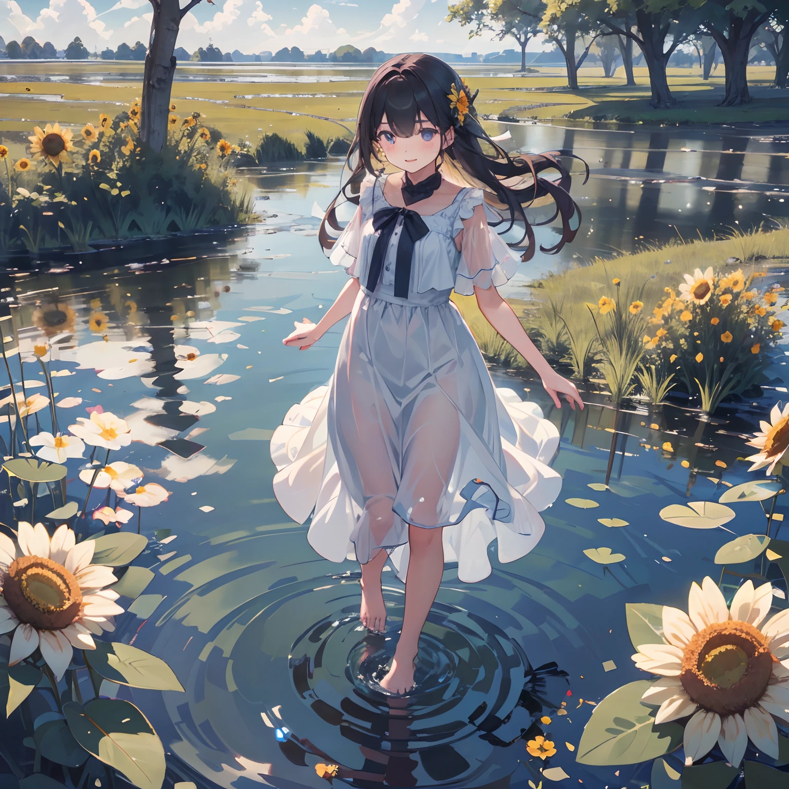 1girl,best qualtiy,8K the perfect face,Walk on the water near the abandoned pond with many of wild flowers ,barefoots, Storytelling images,