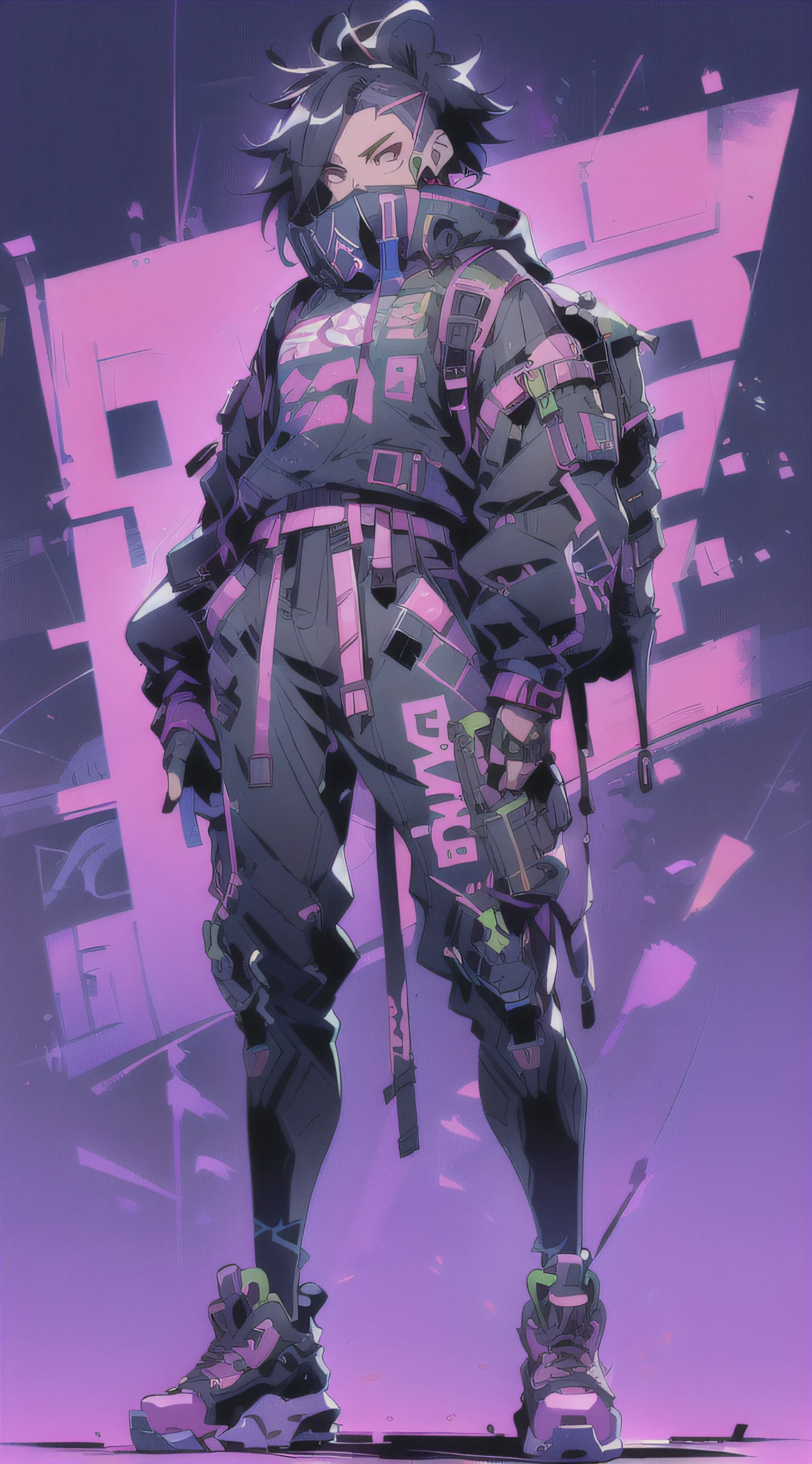 full body anime image of a male, street samurai, wears parka, baggy cargo pants and jordan shoes, ((samuraipunk, streetwear)), artstation, muted dull colors, dystopian background, (art style of makoto shinkai)