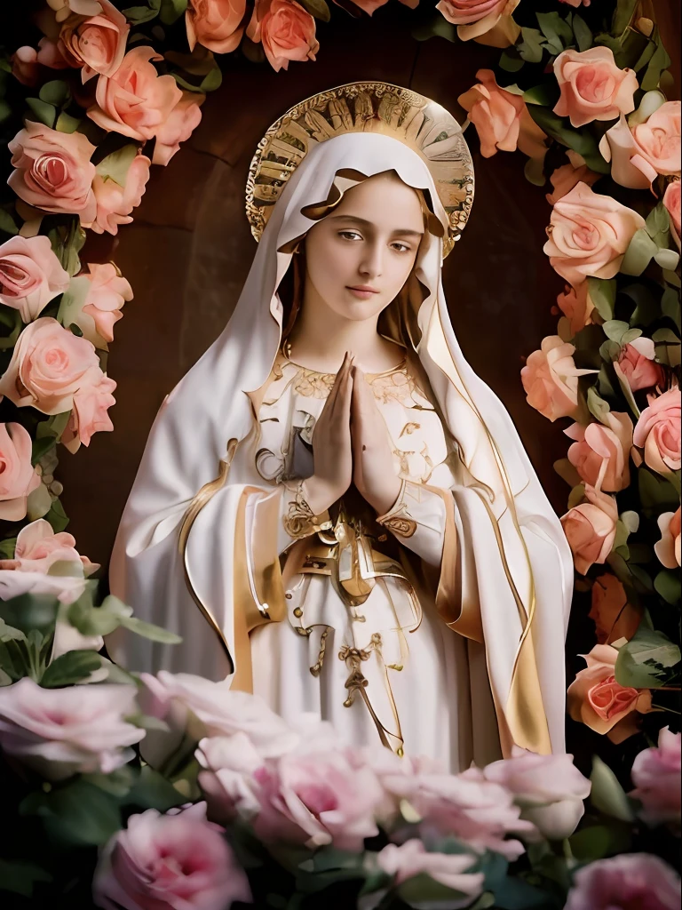 (((Blessed Virgin Mary. 19 years old))) ((( Con una cara seria y piadosa. Con una mirada dulce y tierna))) (obra maestra, calidad superior, mejor calidad, arte oficial, beautiful and aesthetic: 1.2), (1girl), extremadamente detallado, (Arte fractal: 1.3), colorido, highest detailed, Cara perfecta, parte superior del cuerpo, HDR, (orando: 1.3), (golden lines of white coat: 1.2), galaxia, (rayas de luz), eye-catching visuals, (dynamic stripes, senderos luminosos: 1.2), colores vibrantes,