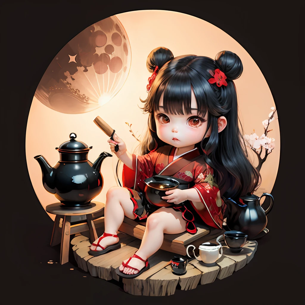 Cute chibi anime, black and red kimono, sit in the teapot thank you note, moon, long black hair, clear toes, clear feet, platform sandals