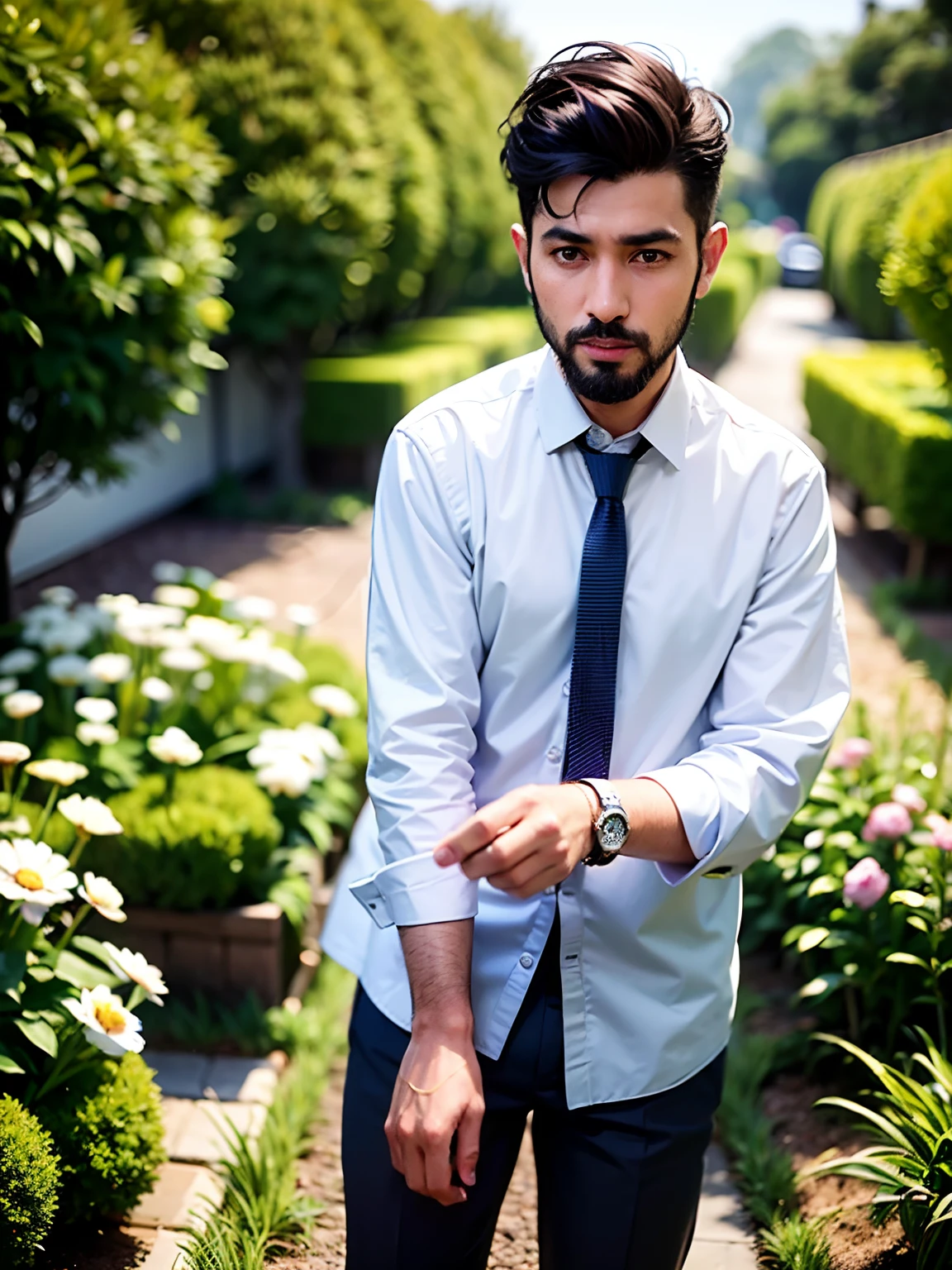 arafed man in a blue shirt and tie standing in a garden, ash thorp khyzyl saleem, khyzyl saleem, kyza saleem, stylish pose, riyahd cassiem, full body photogenic shot, shot on canon camera, sayem reza, wearing a school uniform, shot on nikon z9, wearing a shirt with a tie