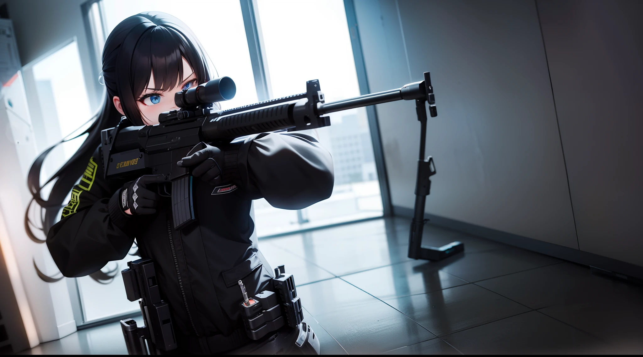 gun girl, aiming, black clothes assault rifle, in cyber building, cinematic action, high quality, hyper detail