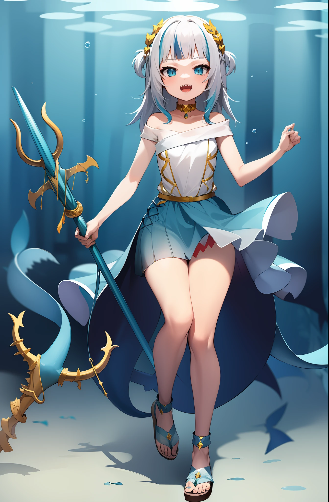 2d, masterpiece, best quality, anime, highly detailed, full body, 1girl, solo, gura_atlantis, gradient dress, laurel crown, sandals, :d, sharp teeth, trident, shark tail, underwater city