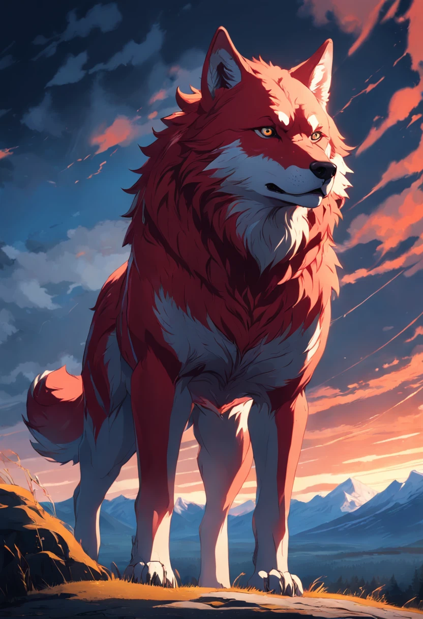 This is a surreal 32K Russia, Portrait of the mythical beast wild wolf, Capture every pore and texture with delicate texture and form, A huge wild wolf with golden stripe, Contrast with the surrounding landscape，（（Super massive）），red color，In the background are the sky, Unreal Engine5，Dreamy scenes，Shocking