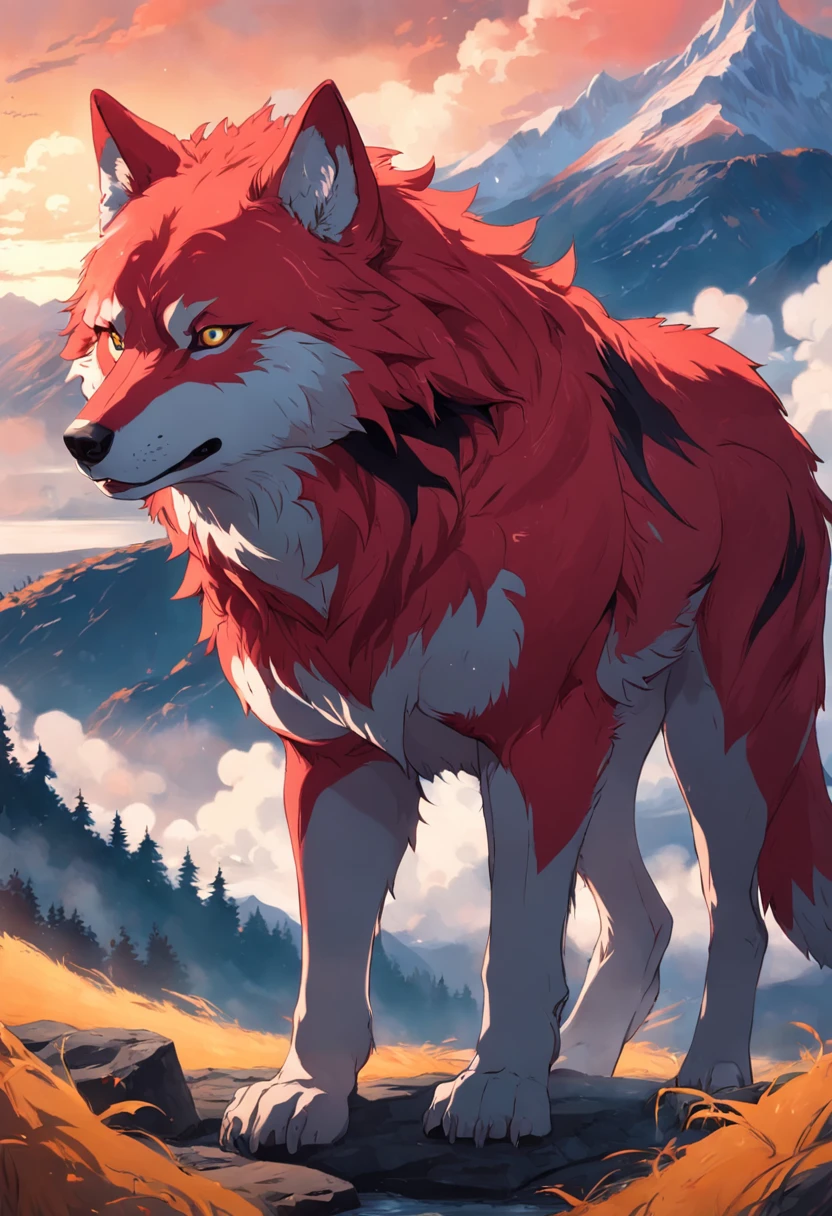 This is a surreal 32K Russia, Portrait of the mythical beast wild wolf, Capture every pore and texture with delicate texture and form, A huge wild wolf with golden stripe, Contrast with the surrounding landscape,((Super massive)),red color,In the background are the sky, Unreal Engine5,Dreamy scenes,Shocking