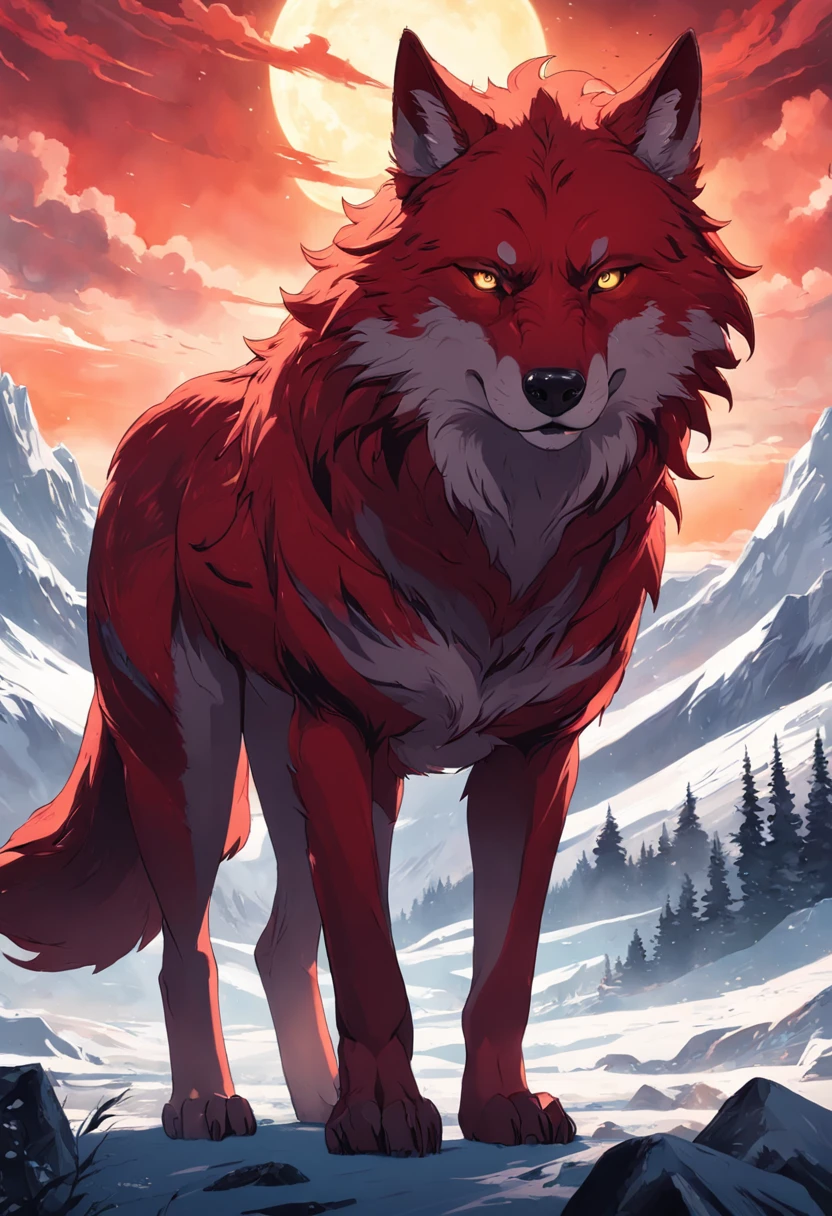 This is a surreal 32K Russia, Portrait of the mythical beast wild wolf, Capture every pore and texture with delicate texture and form, A huge wild wolf with golden stripe, Contrast with the surrounding landscape，（（Super massive）），red color，In the background are the sky, Unreal Engine5，Dreamy scenes，Shocking