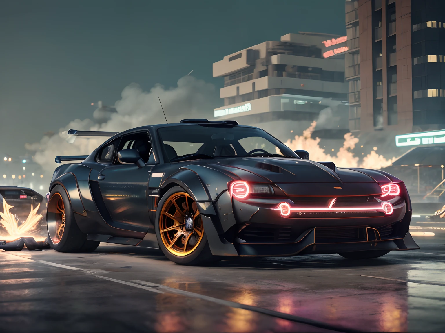 white modern style car,front isometric view,neon lights tires,fire from body,cyberpunk background, smooth outer texture ,bokeh,cinematic shot,big tires,destroyed cars in background