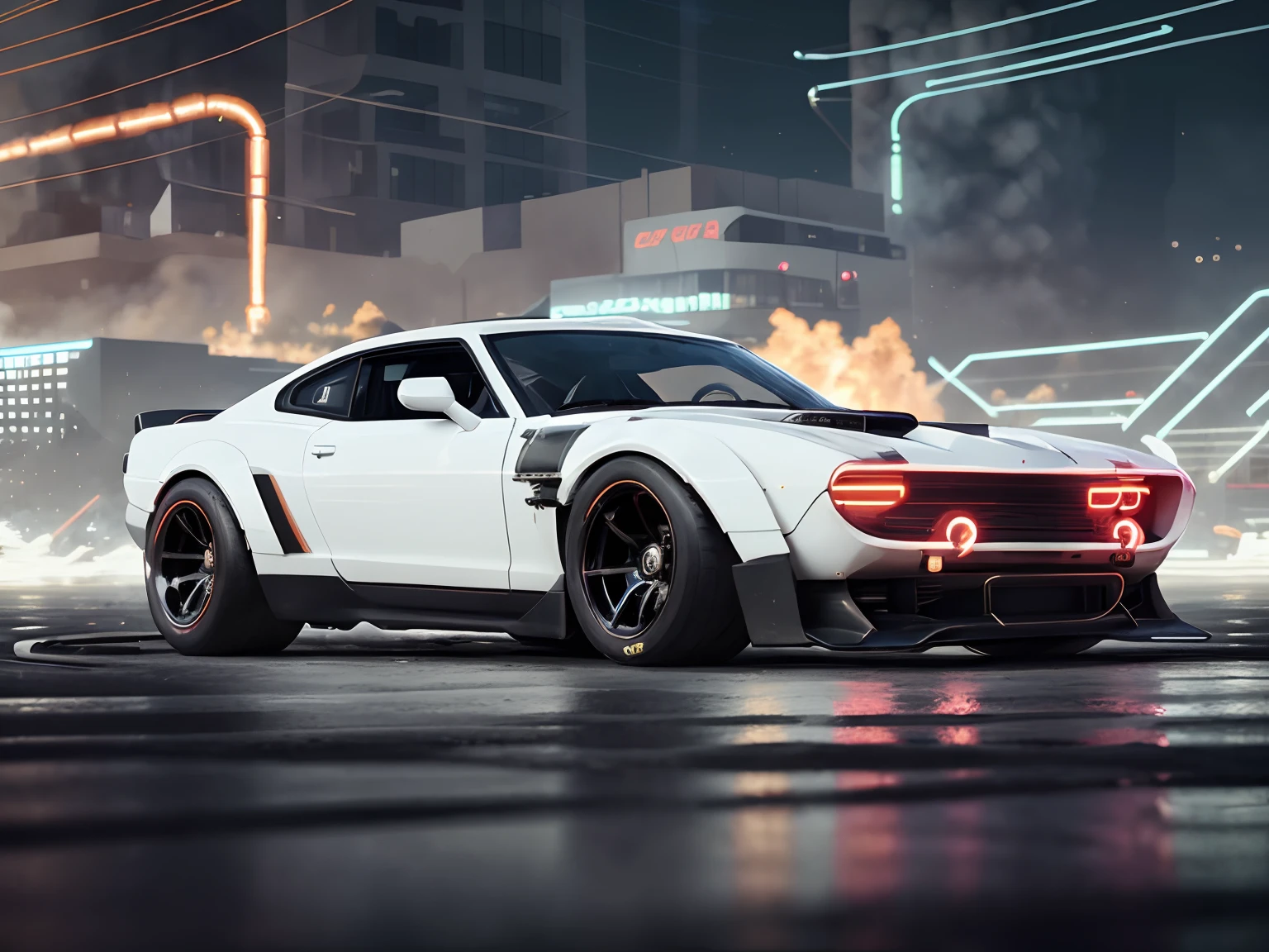 white modern style car,front isometric view,neon lights tires,fire from body,cyberpunk background, smooth outer texture ,bokeh,cinematic shot,big tires,destroyed cars in background