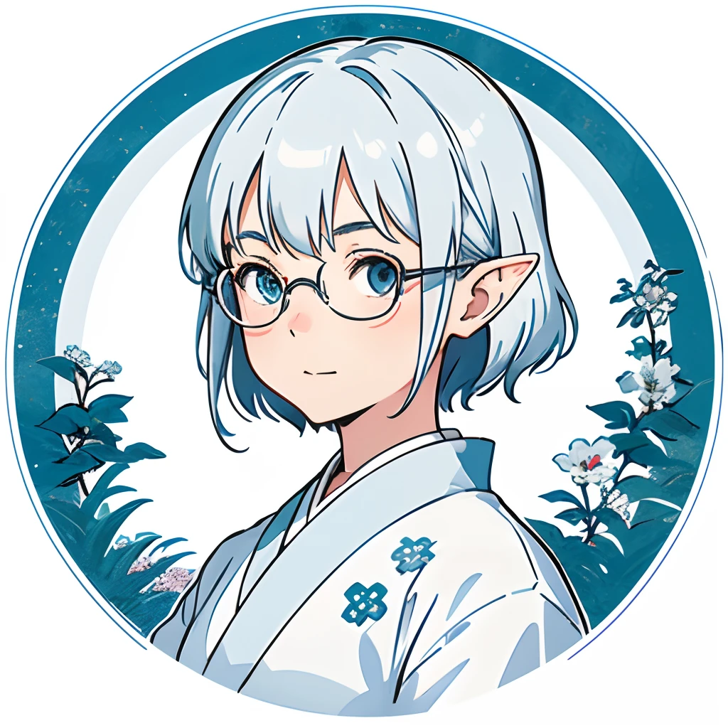 ghibli style, Miyazaki Hayao, 1loli, aqua blue eyes, silver-white hair, elf ears, wearing glasses, wearing beautiful sakura pattern kimono, roguish smirk, (all white background), in circle, (centered), looking at viewer, shirt, short bob hair, simple background, solo, upper body, cute loli, portrait, vector, logo brand, design,