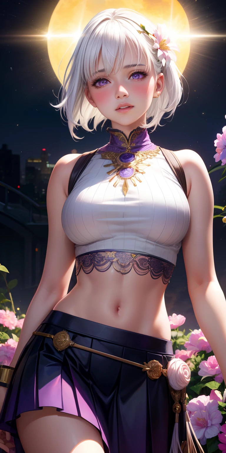 realistic, 1girl, white hair, purple eyes, glowing eyes, crop top, skirt, parted lips, blush, night, flowers, sun, sunlight,big breasts